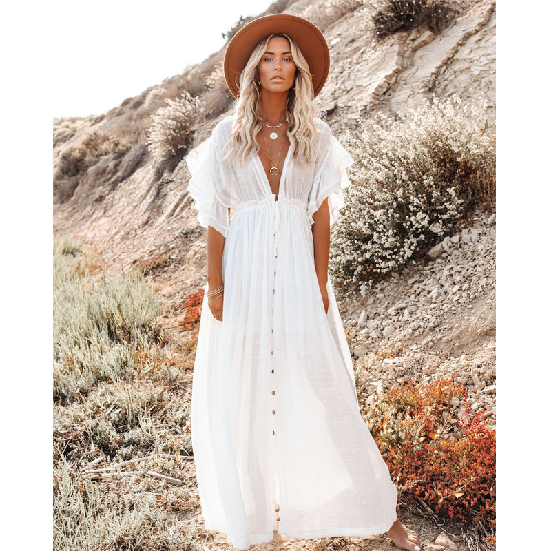 9066 in stock Beach Blouse Bamboo Cloth Button Waist Rope Long Skirt Sunscreen Shirt Cross Border Amazon (4 Colors)