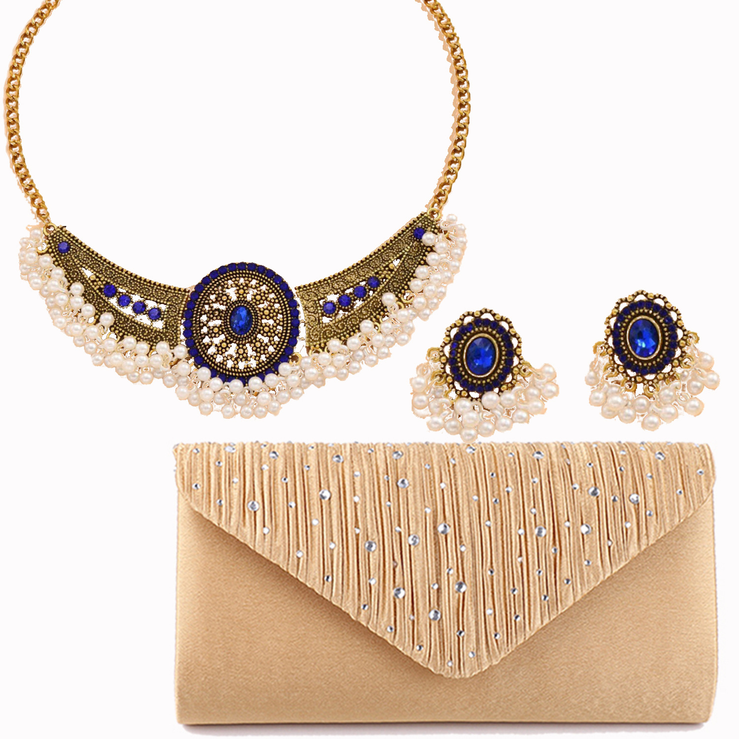 European and American Fashion Vintage Wings Diamond-encrusted Gem Exaggerated Necklace Metal Fan Necklace Earrings Set Evening Bag for Women