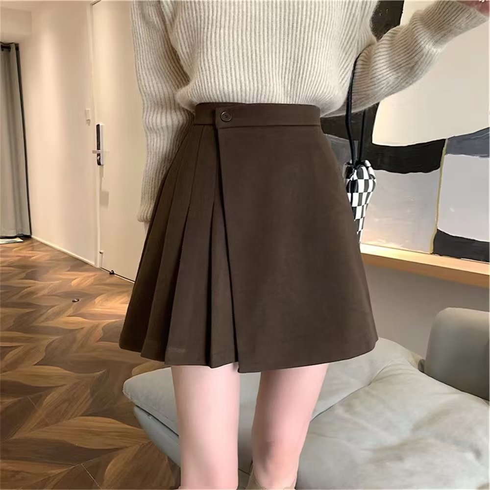 Picture of 2024 New Korean style pear-shaped A- line short skirt winter with sweater jk pleated brown skirt for women autumn and winter