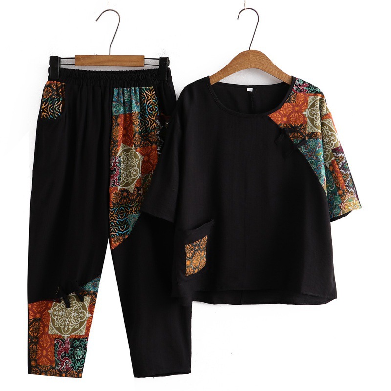 Picture of Western-Style Mom Summer Suit, Large Size Loose Middle-Aged and Elderly Women's Clothing, Fashionable Grandma's Age-Reducing Retro Casual Two-Piece Set