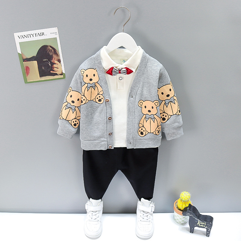 Children's Wear Baby Bear Suit Boy's Spring Casual Western Style Three-Piece Set Children's Infant Korean Style Bow Tie Cardigan