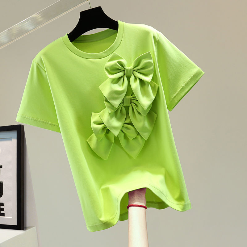 In stock three-dimensional bow short sleeve regular T-shirt 2023 Summer Korean style loose round neck solid color stretch all-match top