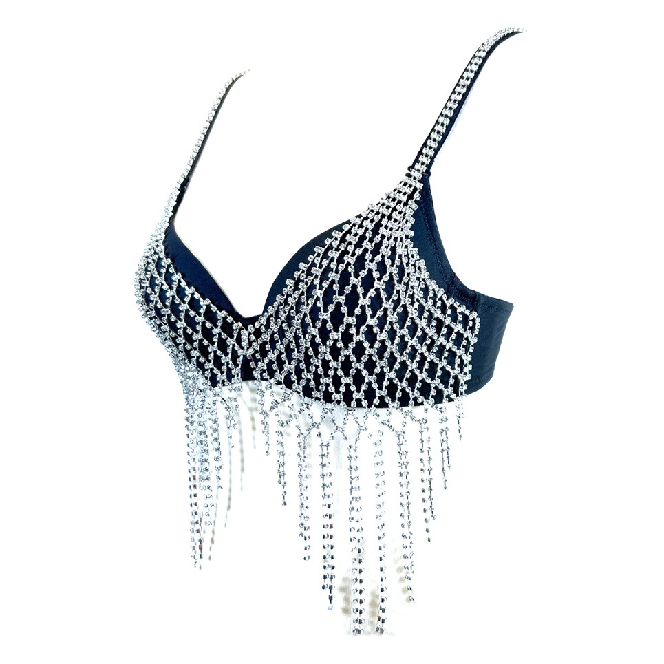 European and American cross-border sexy hollow mesh diamond tassel bra design sense niche sexy Fishbone bra beaded tube top for women