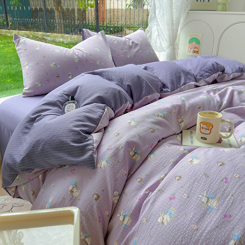 Picture of Class A Maternal and Infant Grade Fresh Small Zhu Cotton Four-piece Set Washed Cotton Bed Sheet Quilt Cover Three-piece Set for Student Dormitory