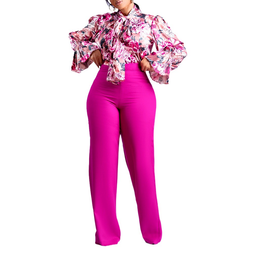D316 European and American Clothing 2022 Autumn and Winter Loose Large Size Casual Printed Long-Sleeved Shirt Wide-Leg Pants Cross-Border Two-Piece Set