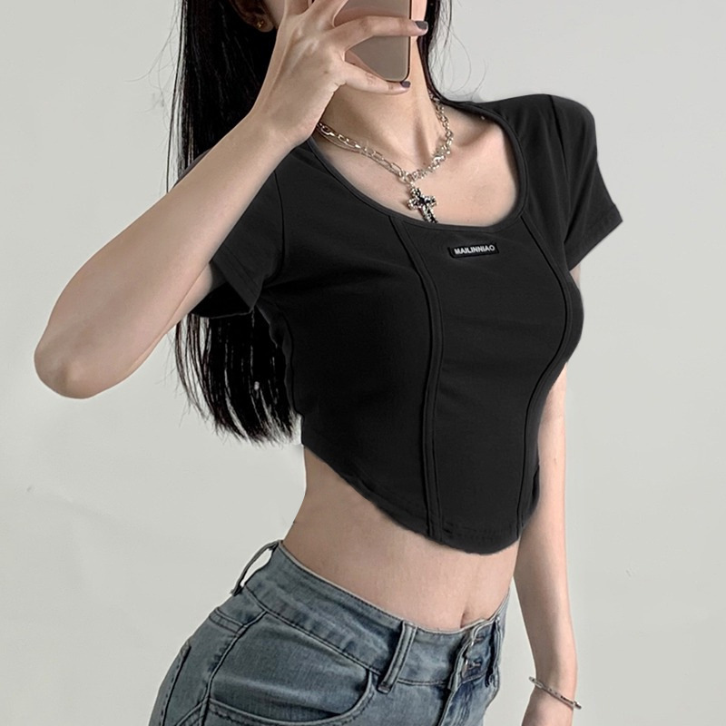 American Style Retro Black Fish Bone Strap Short-sleeved T-shirt Women's Summer Short Slim-fit High Waist Irregular Navel Top