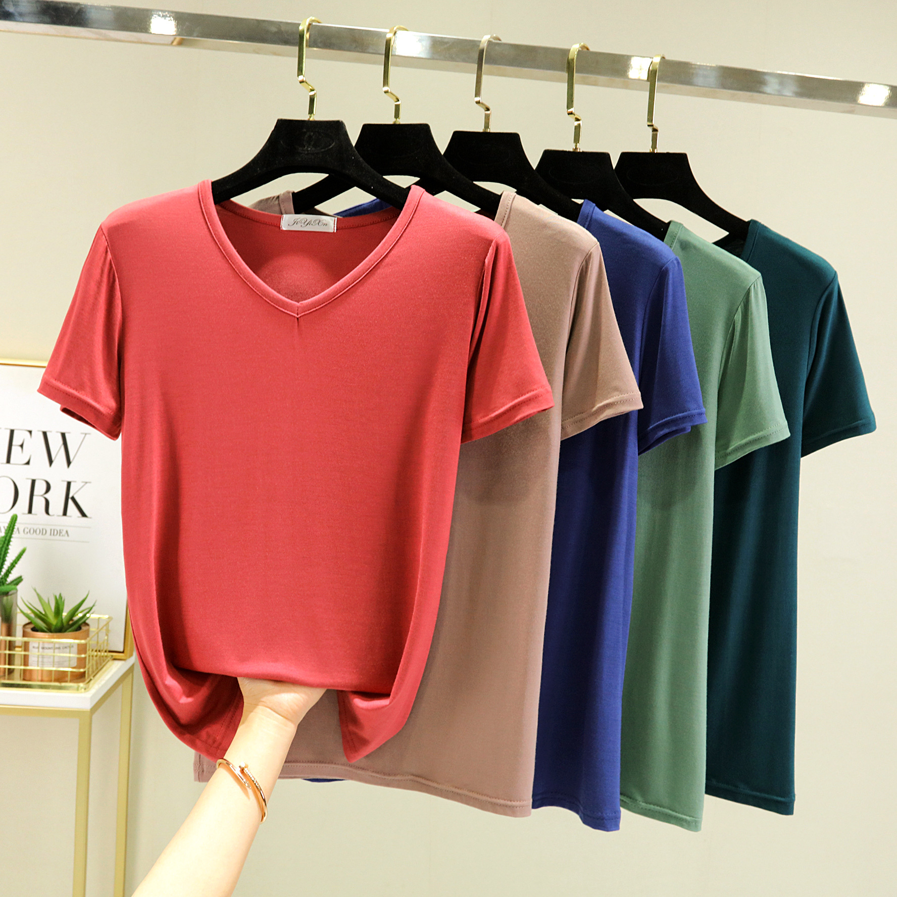 Modal Short-sleeved White Mask T-shirt Women's Summer V-neck Ice Silk Low Collar Loose Base Shirt Top All-match T-shirt