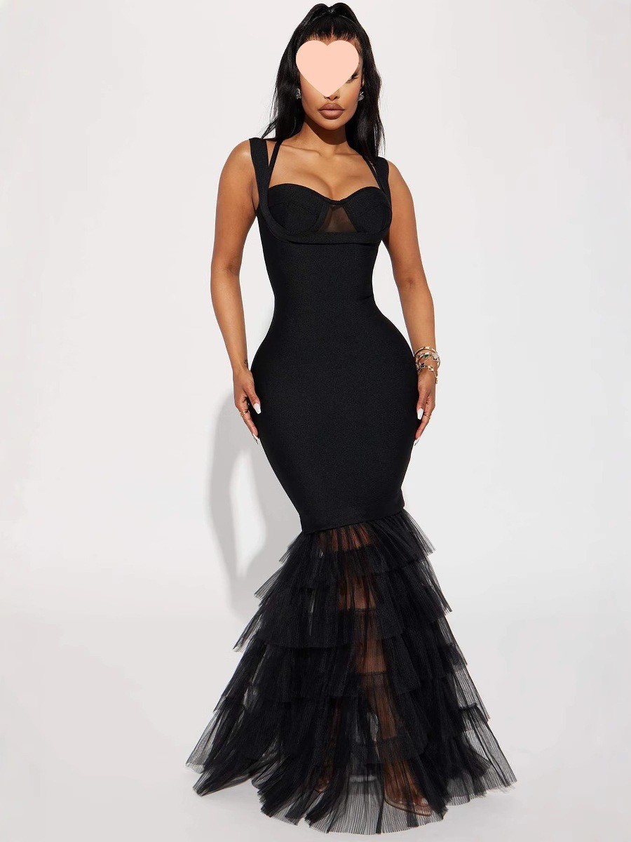 2022 new European and American foreign trade women's independent station trailing sexy long skirt mesh splicing suspender evening dress