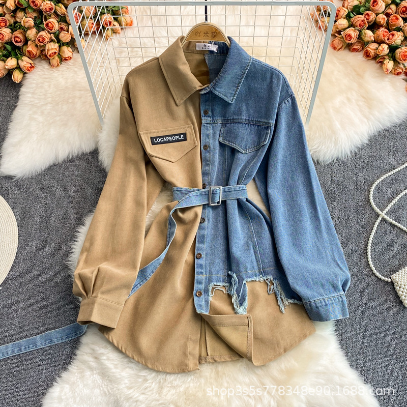 Picture of Cross-Border Denim Splicing Lapel Dress 2022 Spring and Autum New Style Waist Slimming Look Asymmetrical Mid-Length Shirt