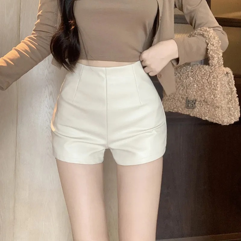 Picture of 2023 Fall/Winter plus size chubby girl Wide-legging Pants Women's High Waist Slim PU Leather Shorts Small Casual Base Boots Trendy