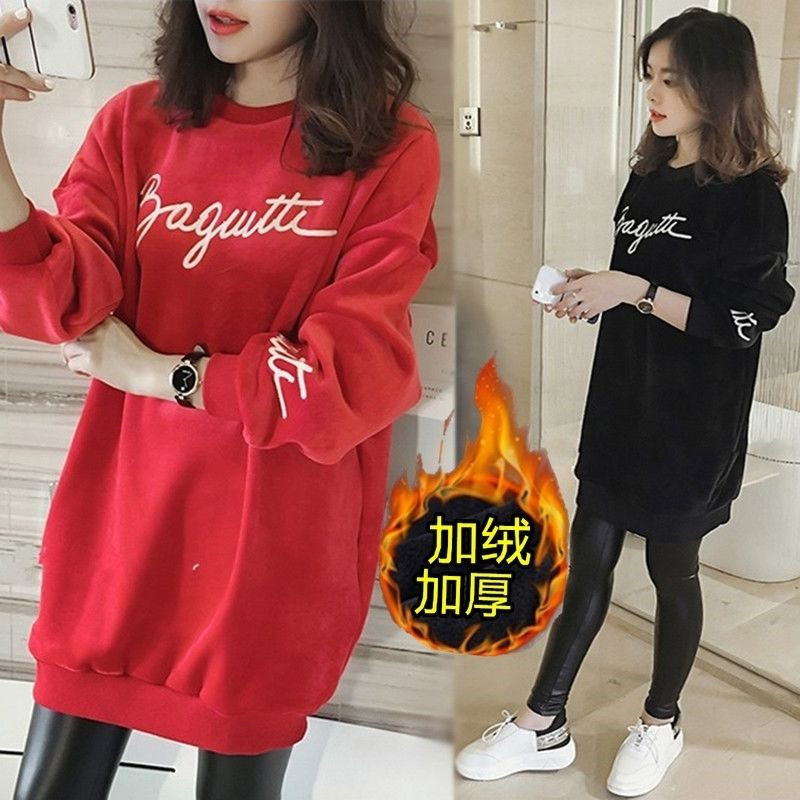 Picture of Pregnant Women's plus size Sweater 100.00kg chubby girl Slim 2024 Autumn and Winter Gold Velvet Mid-length Spring Gold Velvet Top