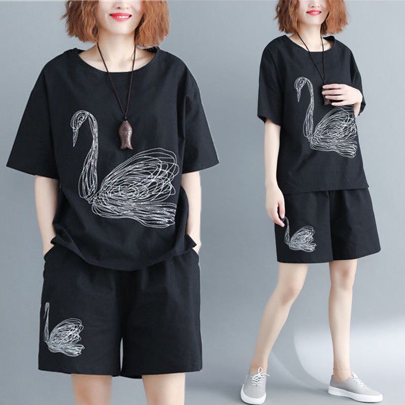 200 Jin Embroidered 2023 Summer Plus Size Women's Loose Sports Casual Suit Shorts Short Sleeve Chubby Girl Two-piece Set