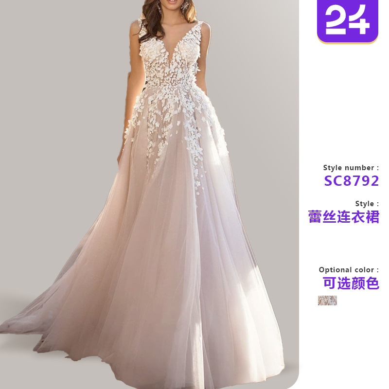 Picture of 2025 Cross-Border Summer New European and American Clothing Sexy Lace Dress Sleeveless Deep V Neck Wedding Dress Embroidered Long Skirt