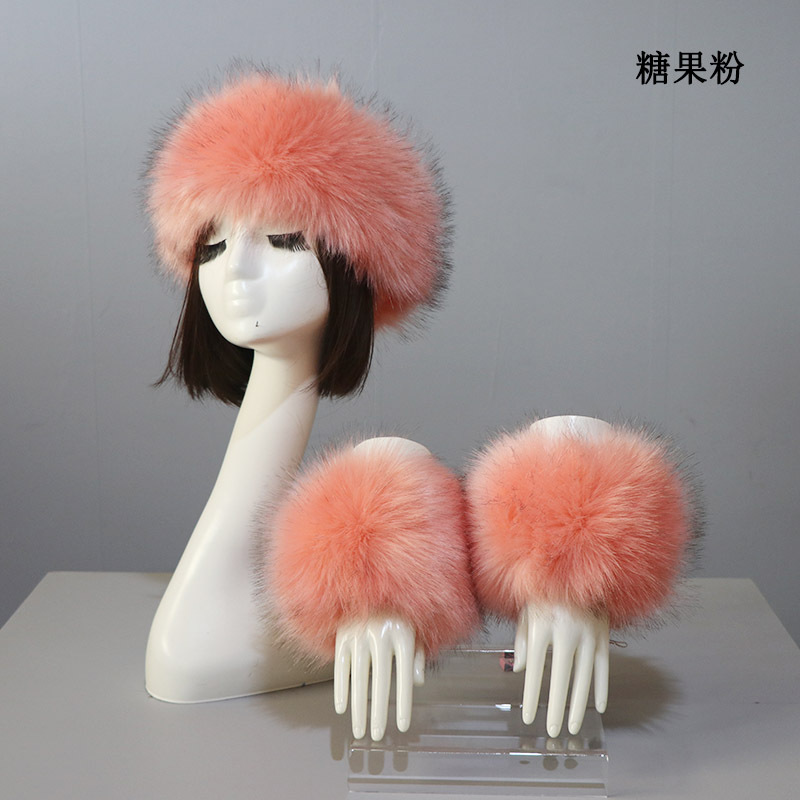 Picture of Hat Cuff Set Autumn and Winter Warm Imitation Fur Empty Top Hat Imitation Fox Mao Mao Cuff Foreign Trade Beanie Hat for Women