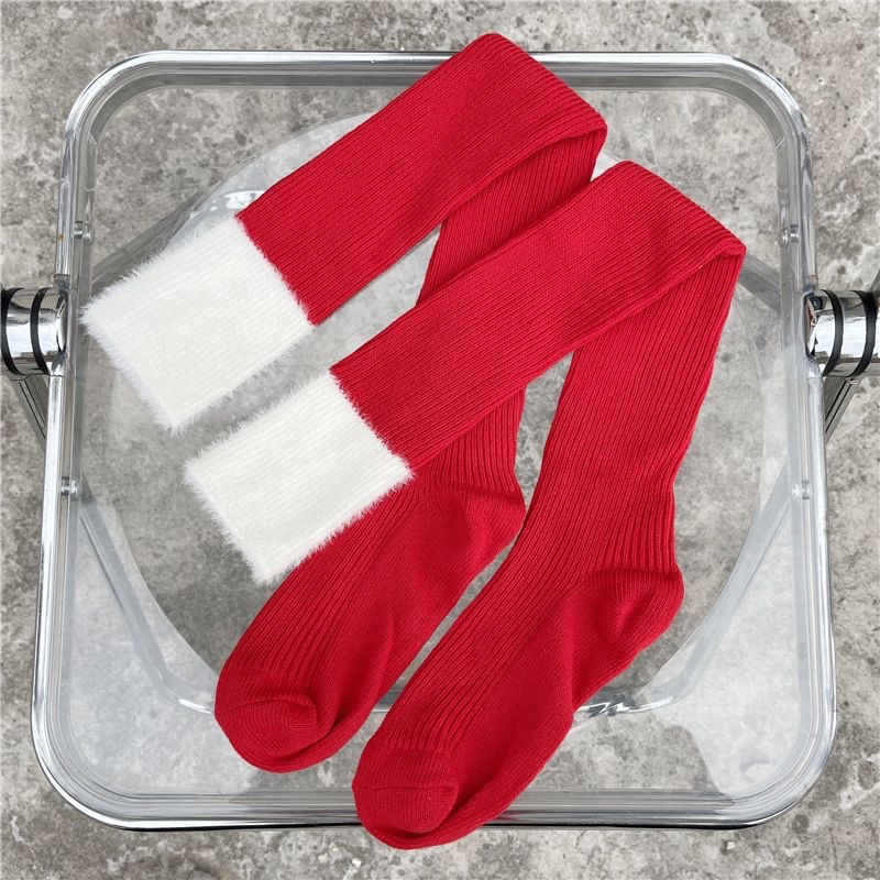 Picture of Stitching stockings autumn and winter women's Christmas over-the-knee socks original year red plush thickened jk calf socks for women