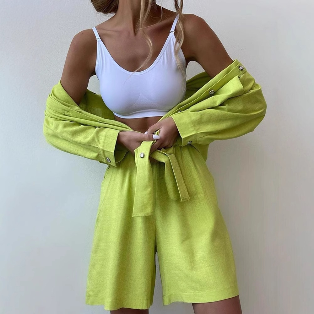 Spring and Autumn Large Size Loose Temperament Casual Single-Breasted Shorts Fashionable Long-Sleeved Shirt Sports Suit Foreign Trade Wholesale