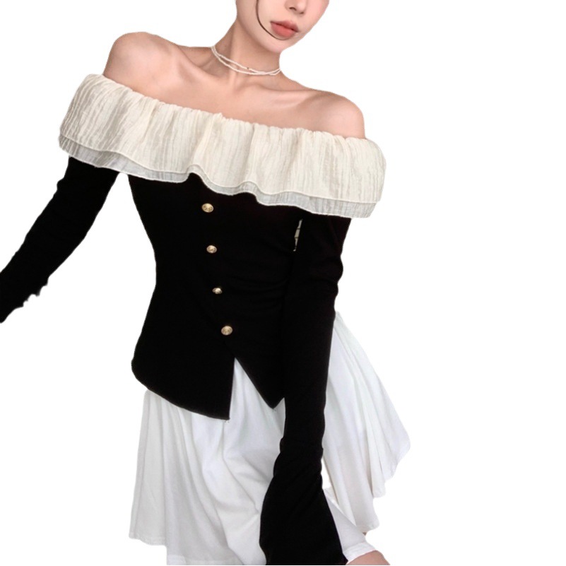 French ruffled off-shoulder bell sleeve black T-shirt women's autumn temperament slimming design short top