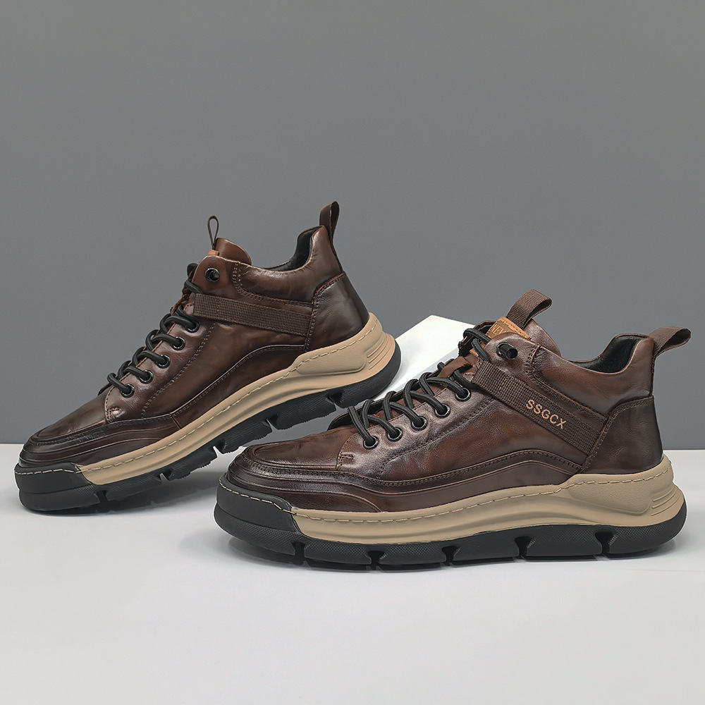 Boys' first-layer cowhide high-top shoes men's trendy shoes European men's shoes autumn and winter fleece-lined casual shoes Korean-style trendy