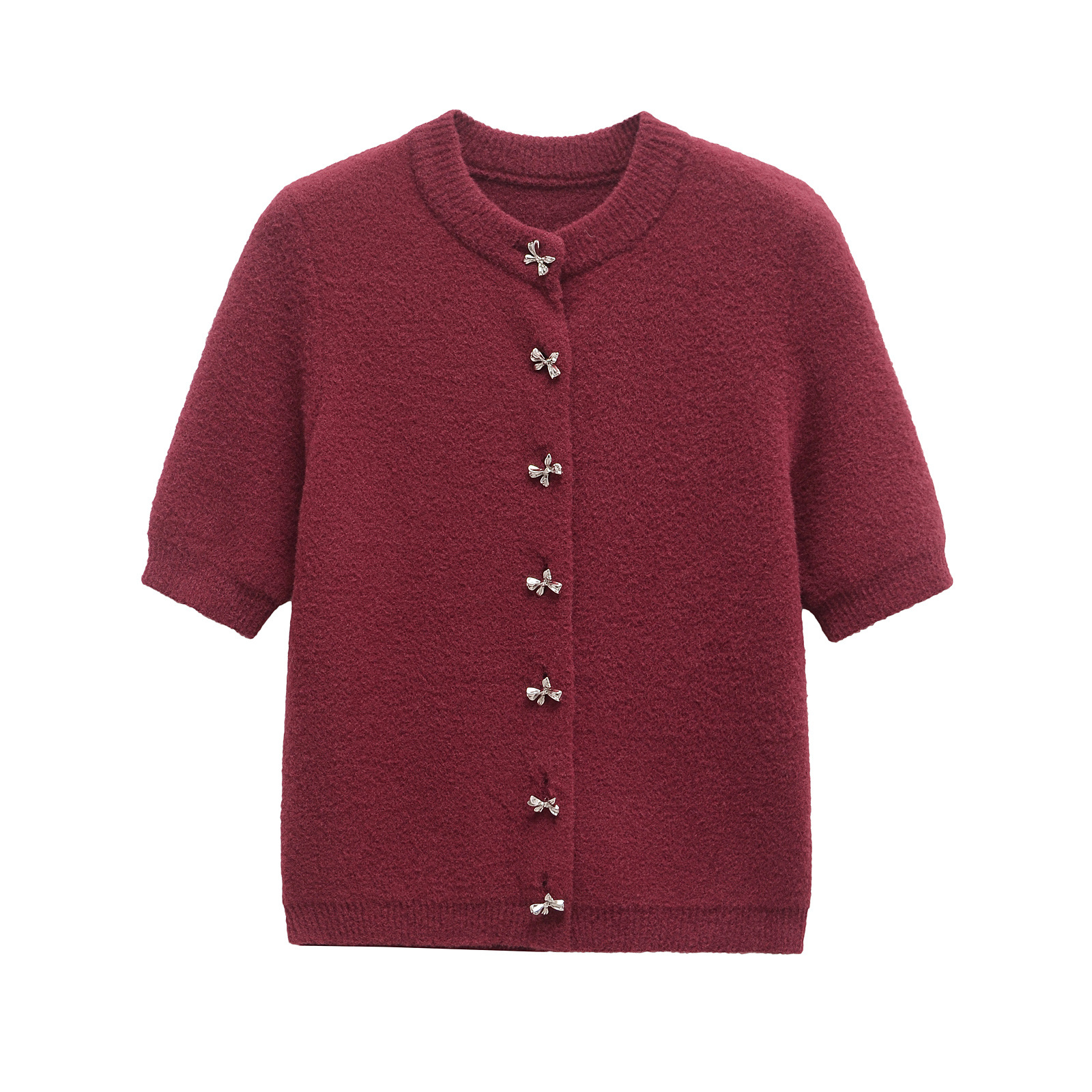 Sweet Style Bow Breasted Round Neck Short Sleeve Elastic Knitted Sweater 2025 Spring New European and American Cross-border Women's Fashion