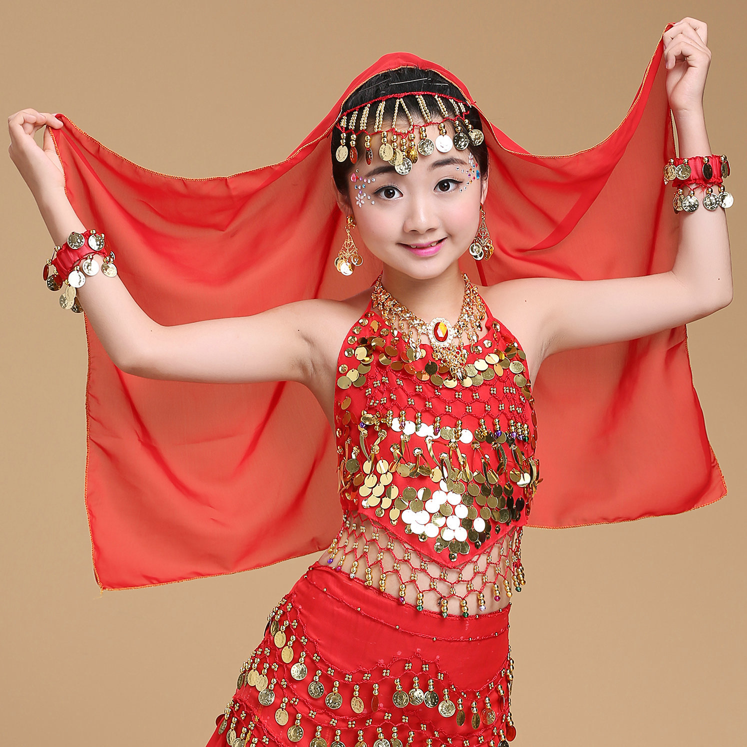 New Children's Dance Performance Accessories Indian Dance Children's Belly Dance Headwear Scarf Necklace Earrings Bracelet
