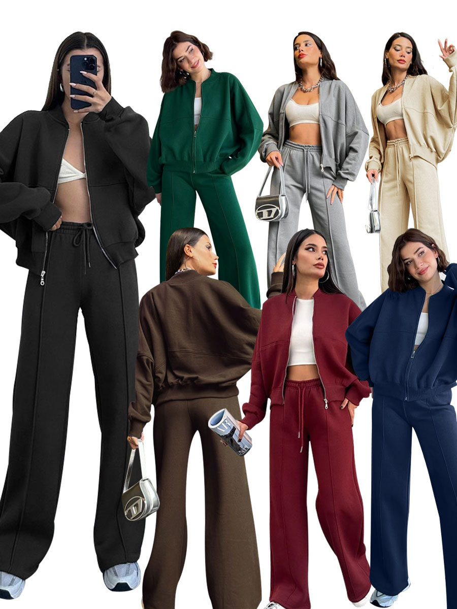 Picture of 211348 autumn and winter new cross-border European and American solid color zipper cardigan sweater women's fashion casual straight pants suit