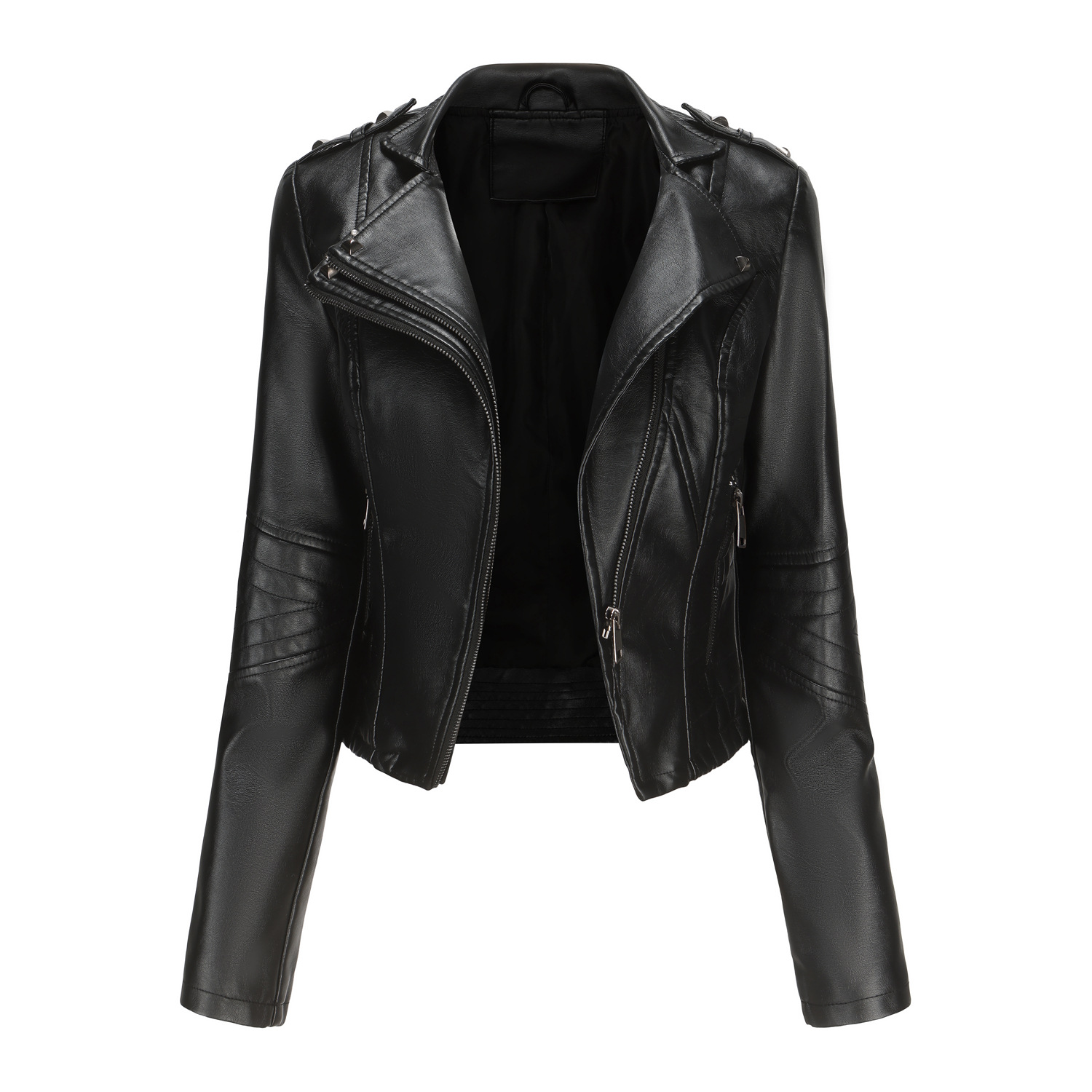 Picture of New Slim-Fitting Long-Sleeved Spring and Autumn Leather Jacket for Women with Rivets European and American Popular Short Small Coat Zipper Leather Jacket