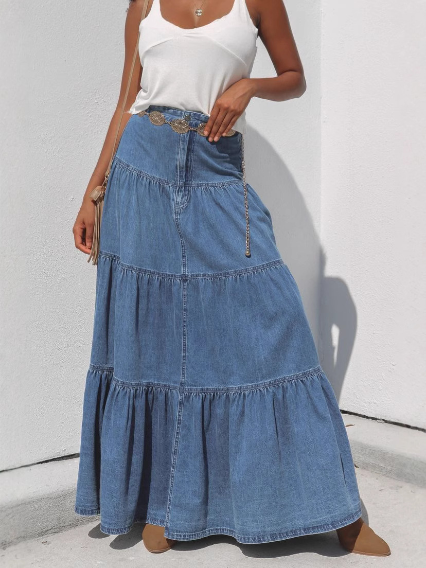 Cross-Border European and American Summer Ins Street Hottie Low-Waist Distressed Holiday Style Cake Versatile Denim Skirt Women's Clothing