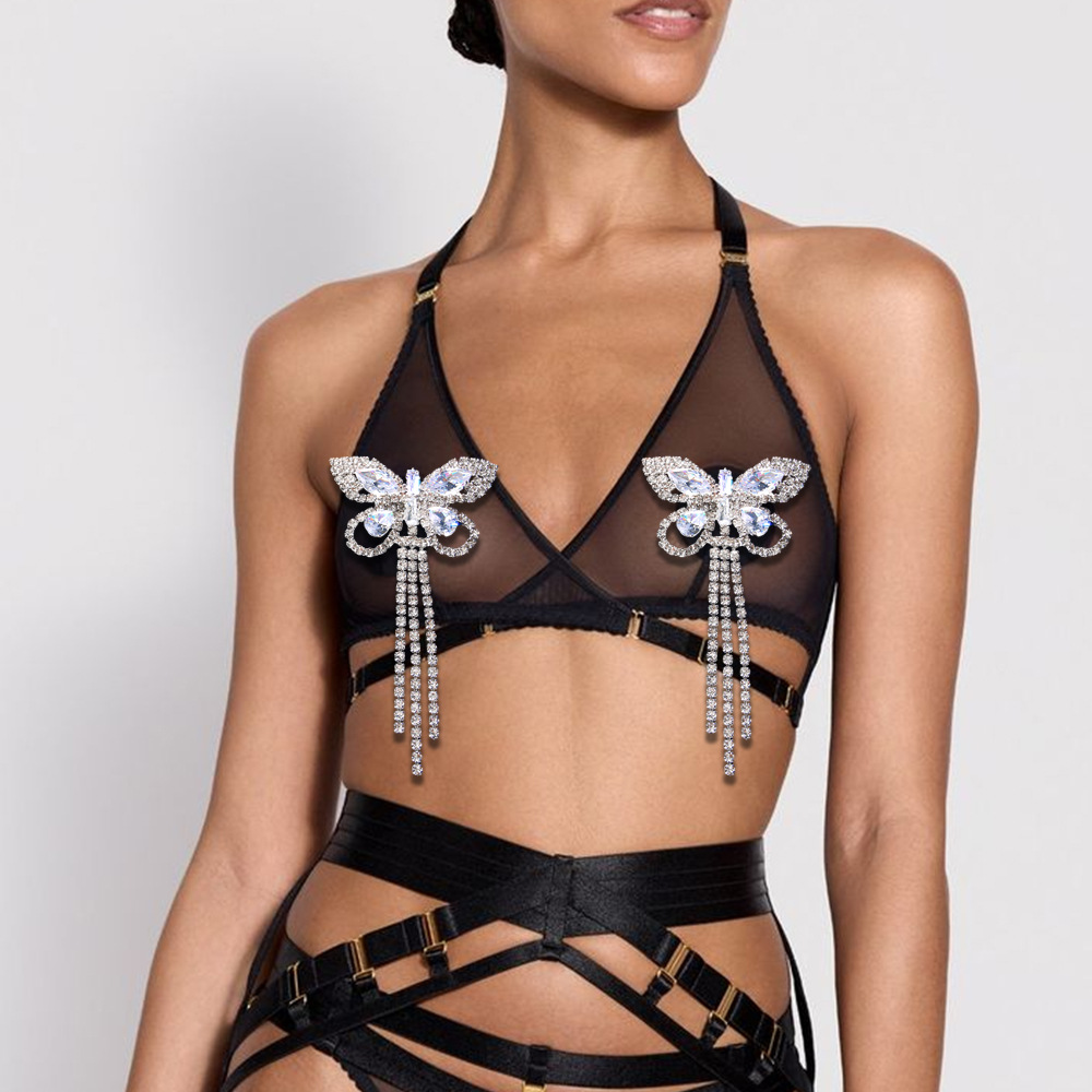 European and American cross-border rhinestone butterfly chest stickers female sexy tassel body chain nightclub party accessories body chain
