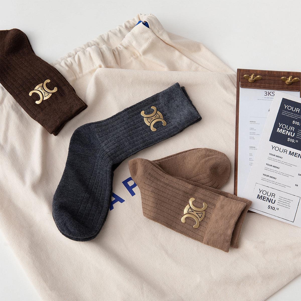 Socks Ins European and American Fashionable Socks Solid Color Bronzing Women's Mid-length Socks Simple Casual Sports Autumn Korean Style Cotton Socks Women
