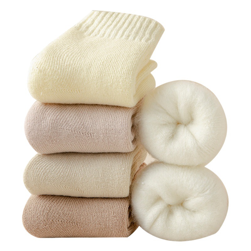 Wool Socks Women's Autumn and Winter Mid-Calf Socks Fleece-Lined Thickeneded Calf Terry Socks Warm Confinement Sleep Floor Socks