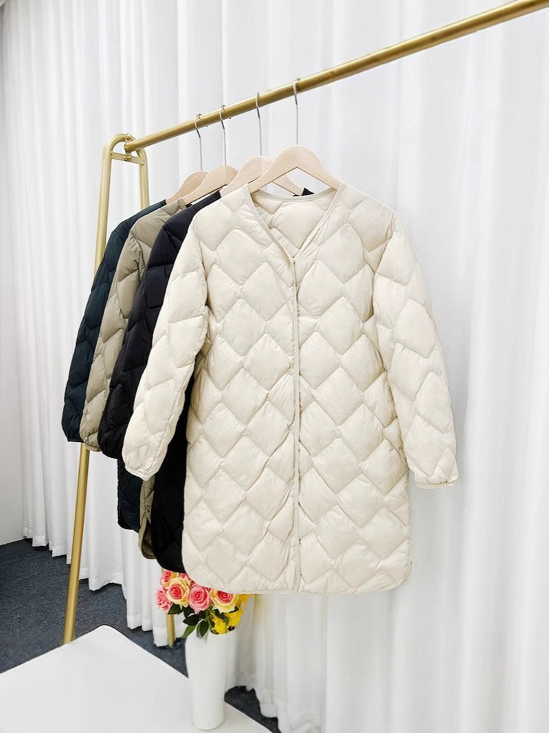 Cross-border TikTok autumn and winter new lightweight down jacket women's long V-neck long Korean collarless liner coat