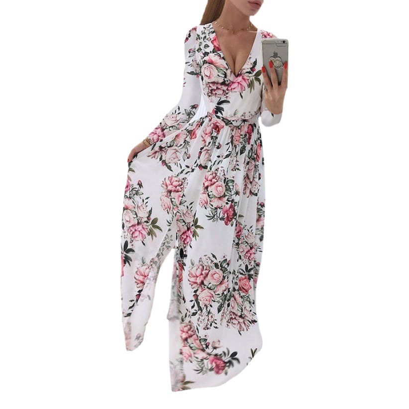 2024 Independent Station wish Amazon New Summer Long Sleeve V-neck Chiffon Printed Bohemian dress Women