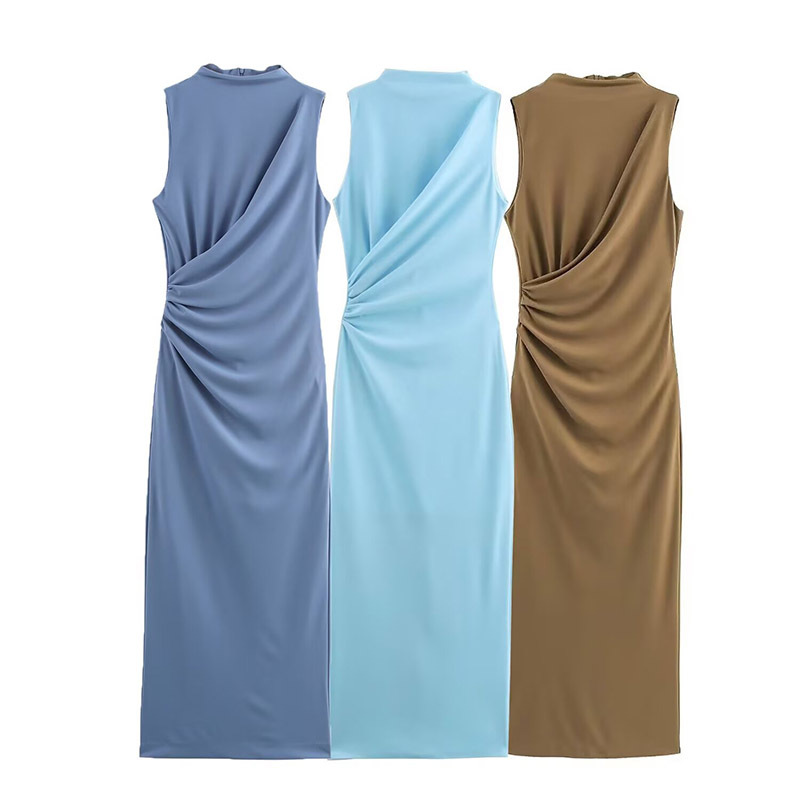 Women's slim-fit stand collar solid color pleated sleeveless midi dress spring and summer 2025 new European and American cross-border