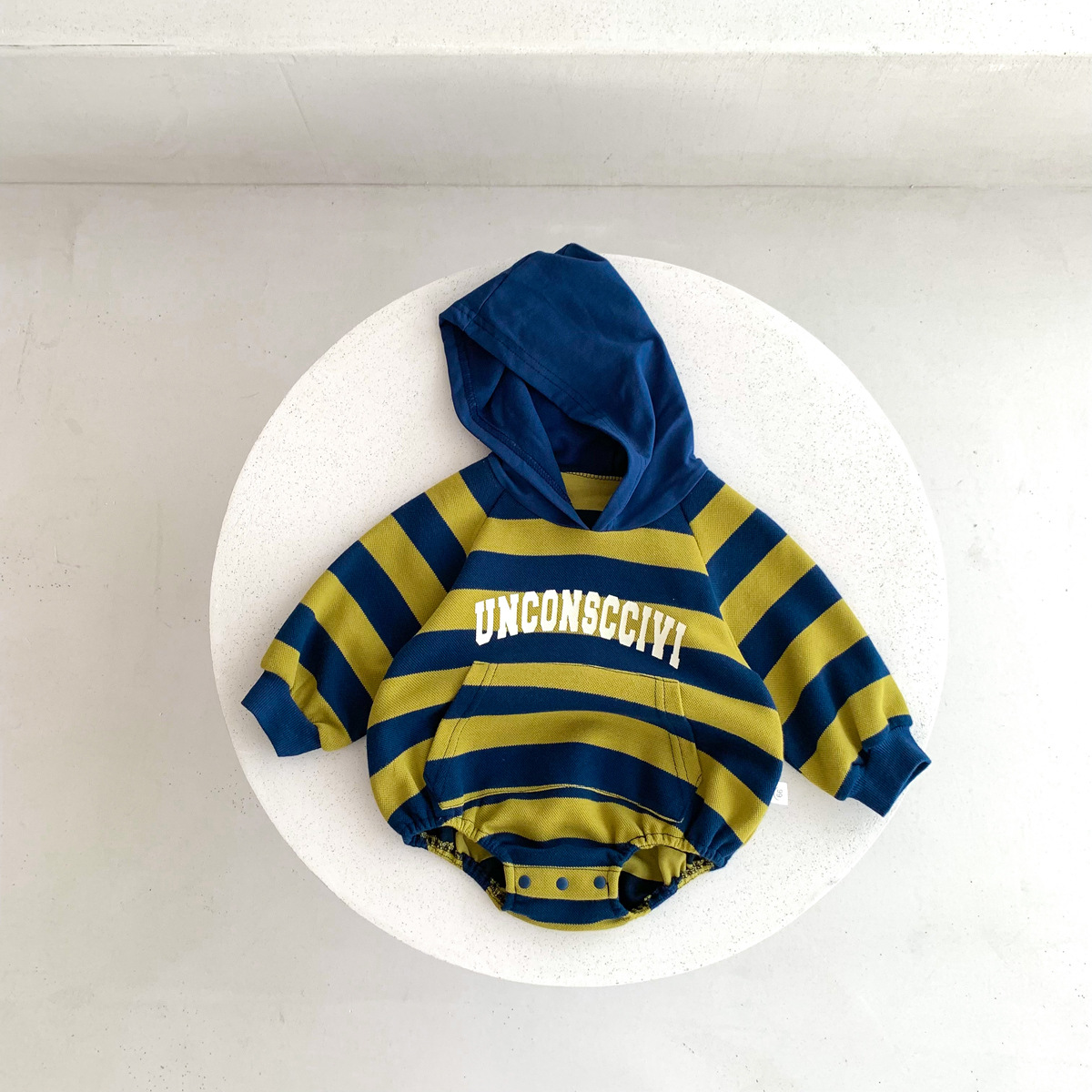 Picture of Ins K-Style Baby Spring & Fall Hooded Stripesd Bag Fart Clothes Newborn Male and Female Baby Fashionable Sweatshirt One-Piece Rompers