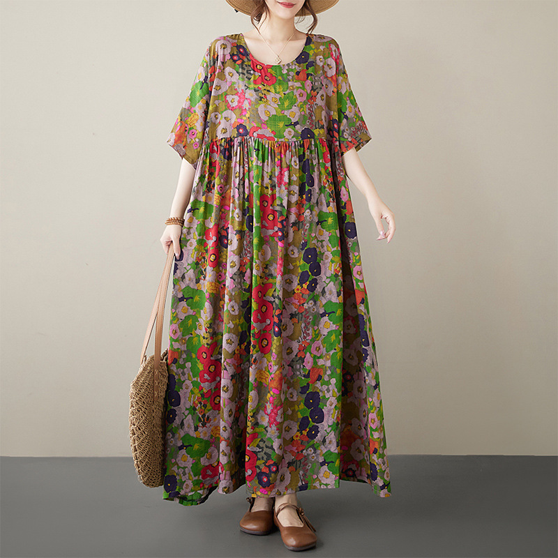 Summer Hot Sale New plus size Women's A- line Dress Crewneck Pullover Wide Long Dress Mother's dress for Foreign Trade