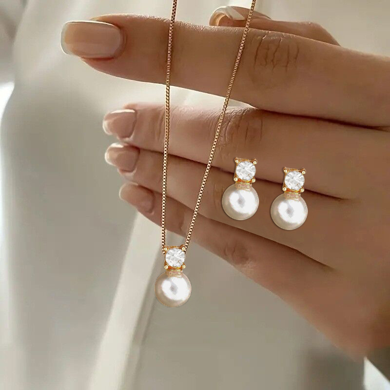 Picture of Cross-border European and American New Pendant Jewelry Necklace Temperament Design Sense Light Luxury Earrings Necklace Imitation Pearl Jewelry suit
