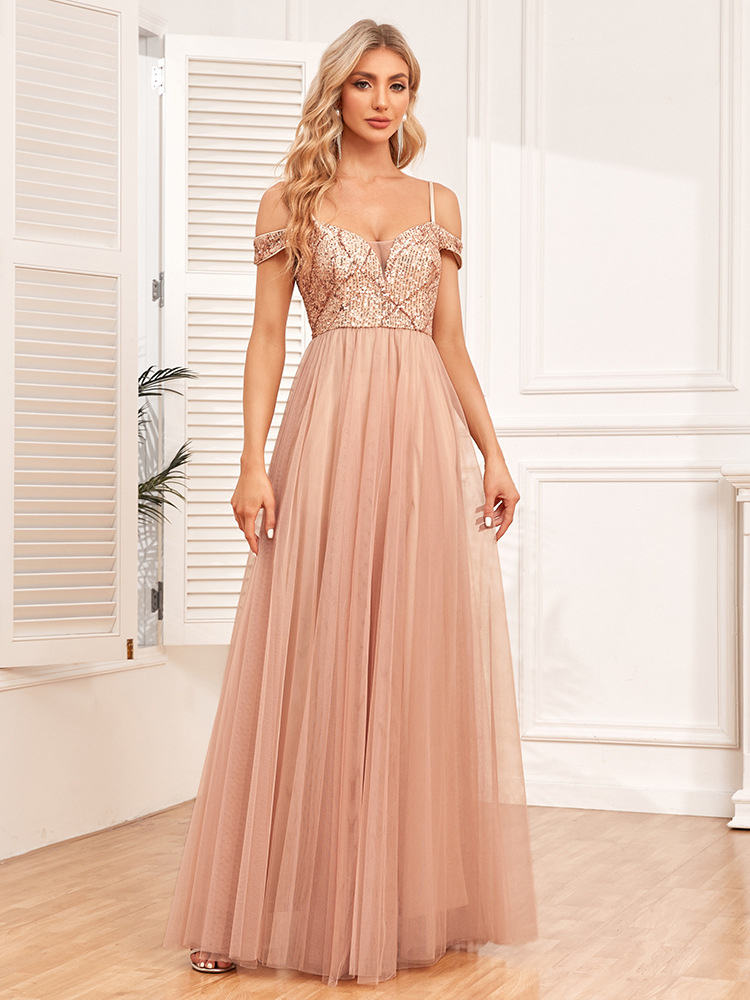 Picture of Cross-border European and American Shoulder Strap Double V-neck Sequin Embroidery Stitching Party Dress Elegant A- pendant Tulle dress