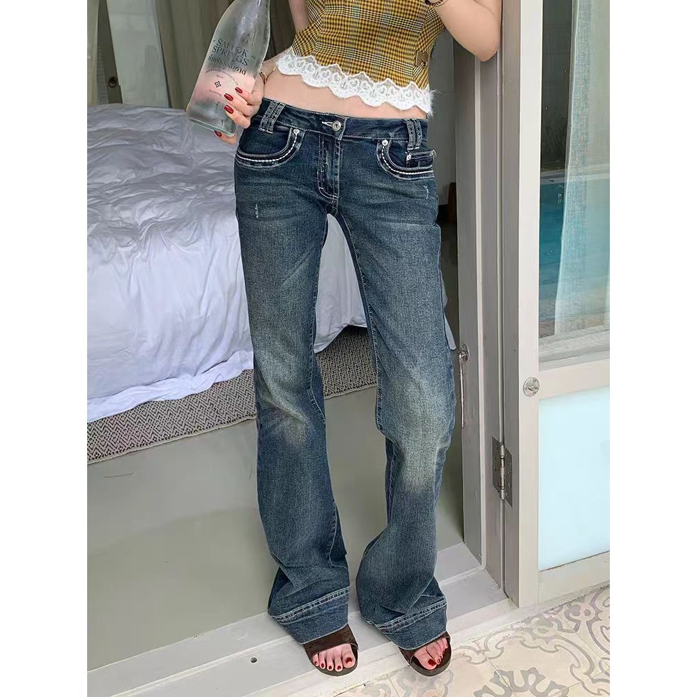American retro hot girl comfortable and versatile low-rise skinny bootcut pants women's fall distressed washed floor-length trousers