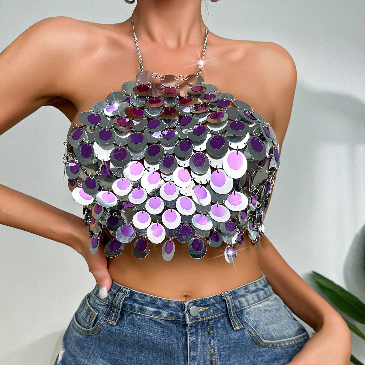 European and American Summer 2024 New Cross-Border Punk Sexy Best-Selling Color-Blocked Sequined Halter Camisole Z21024
