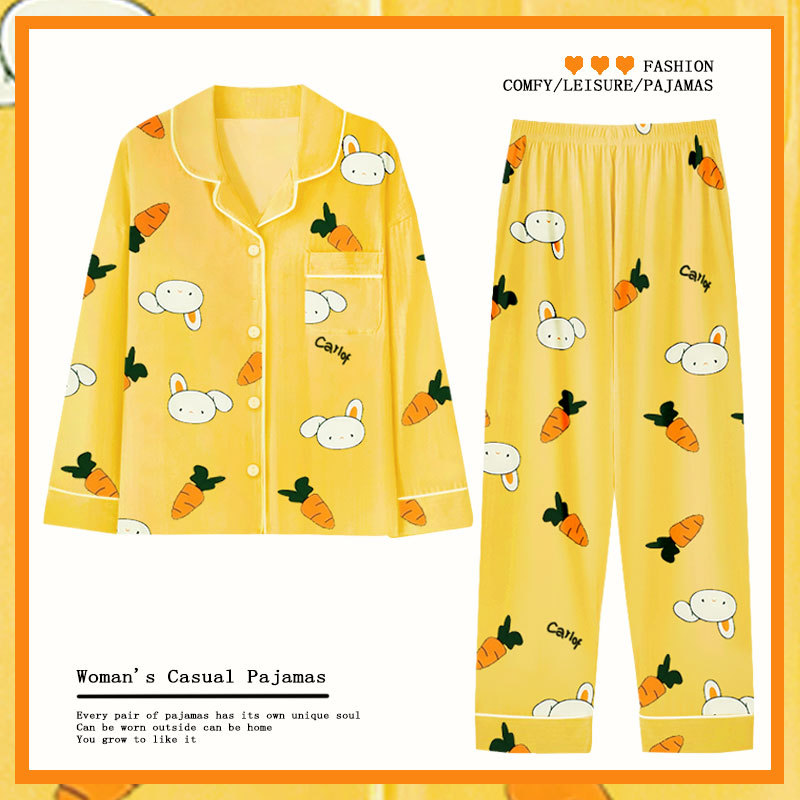 Picture of Japanese Pajamas Women's Spring and Autumn Long Sleeve Cardigan Cute Printed Radish Student Home Clothes suit Cross-border Southeast Asia