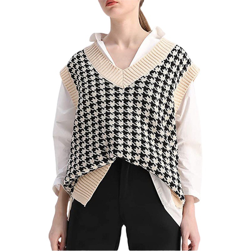 Cross-Border Amazon Fashion Versatile Autumn and Winter New Women's Loose Plaid Contrast Sleeveless Knitted Sweater Vest