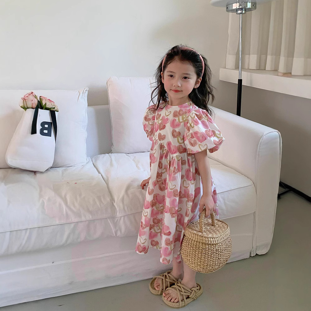 Picture of Girls dress summer new sweet love full print bubble sleeve princess skirt children a generation of hair