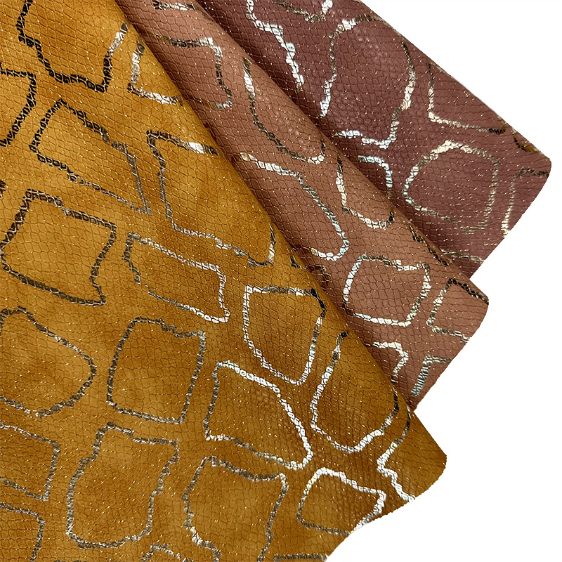 Picture of Metal Cut Hot Snake Gold Silk Pearlescent Embossed PU Imitation Cotton Fleece Material for Shoes Bag Double Color Black Leather Fabric
