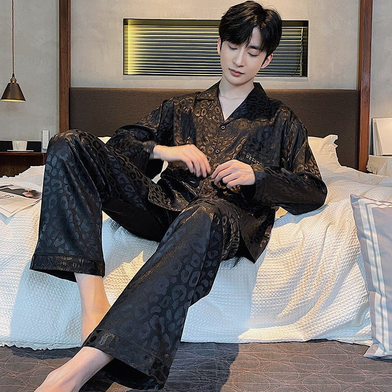 Letters Leopard Print Ice Silk Pajamas Men's Spring and Autumn Long-sleeved Trousers plus size Outer-Wearing Imitation Hipe Home Suit Cover