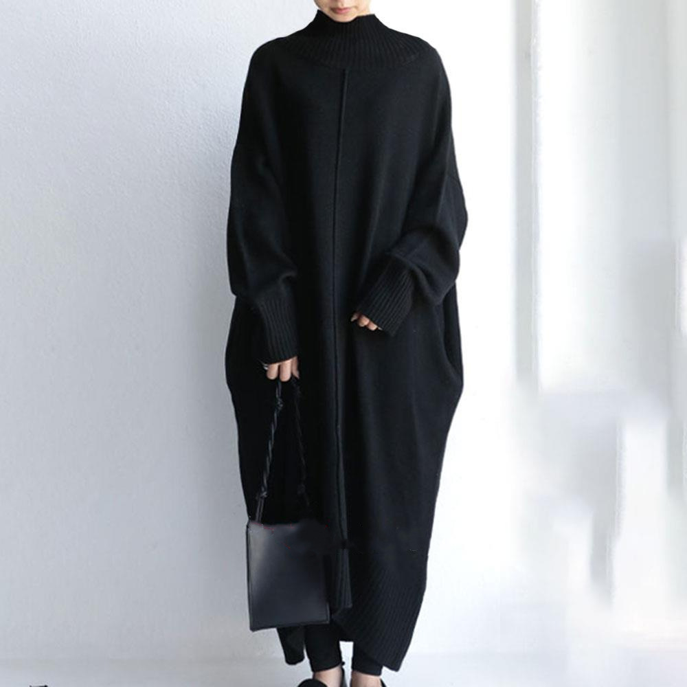Plain Japanese women's clothing personalized turtleneck sweater dress slimming spine mid-line soft loose plus size women's dress