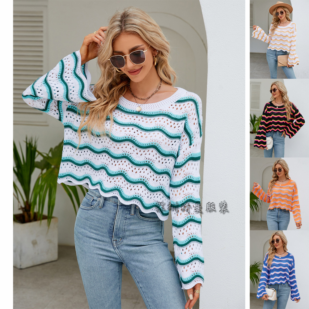 2023 autumn and winter women's clothing Amazon cross-border foreign trade fashion long sleeve round neck European and American new knitted striped sweater women
