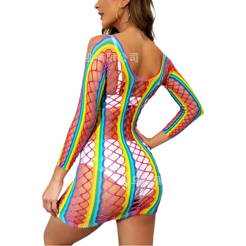 Amazon European and American sexy lingerie cross-border sexy rainbow hip skirt color mesh one-piece top wholesale foreign trade