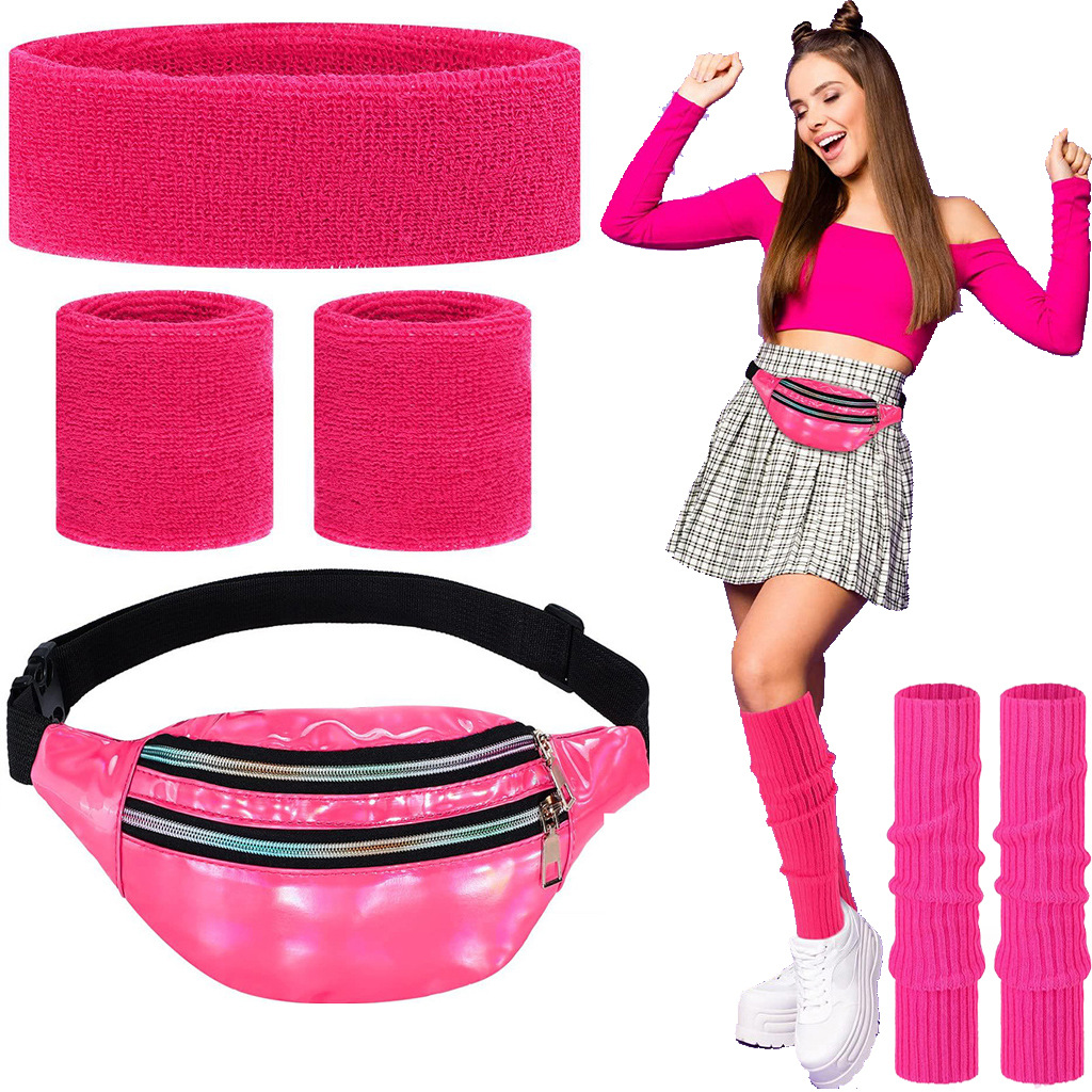 Halloween 1980 s women's clothing accessories laser waist bag sports hair band wrist leg set Wholesale