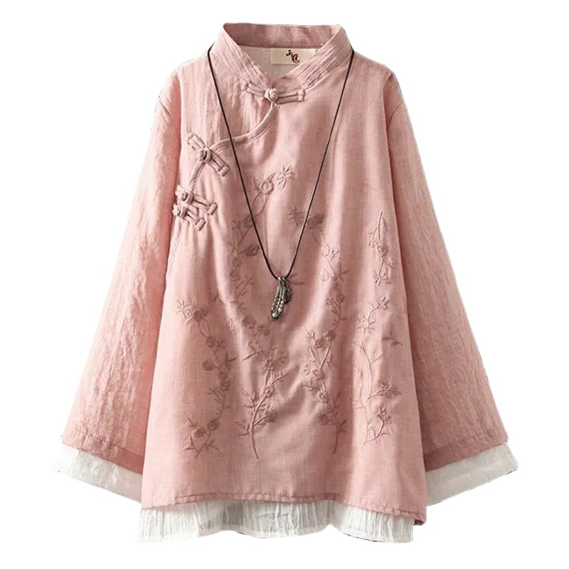Vintage Embroidered Buckle Cotton Shirt Women's 2024 New Chinese Zen Tea Clothes Loose Stitching Round Neck Top
