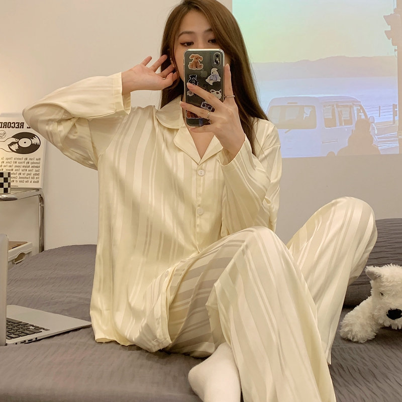 Pajamas Women's Spring and Autumn Ice Silk Long-sleeved Internet Popular Korean Style Home Clothes Summer Women's Vertical Stripe Outwear Suit